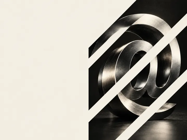 A large metal @ symbol in black and white, crossed by diagonal stripes.